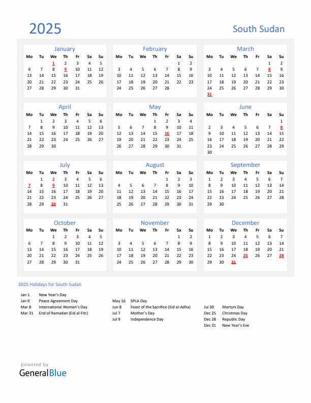 Basic Yearly Calendar with Holidays in South Sudan for 2025 