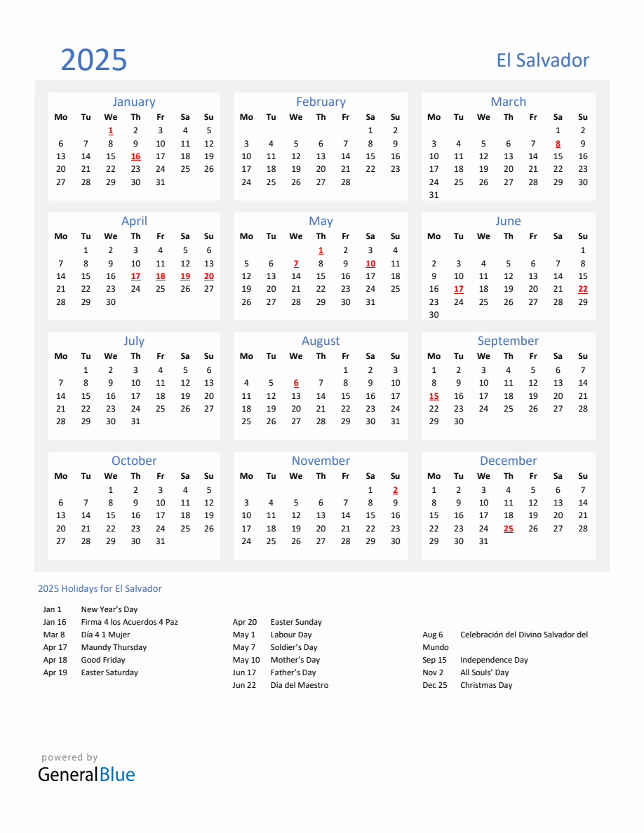 Basic Yearly Calendar with Holidays in El Salvador for 2025