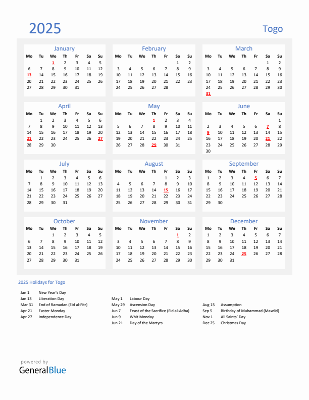 Basic Yearly Calendar with Holidays in Togo for 2025 