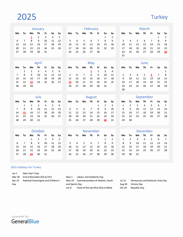 Basic Yearly Calendar with Holidays in Turkey for 2025 