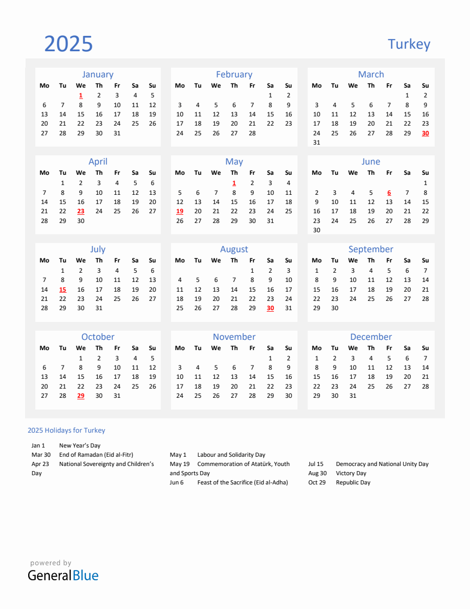 Basic Yearly Calendar with Holidays in Turkey for 2025