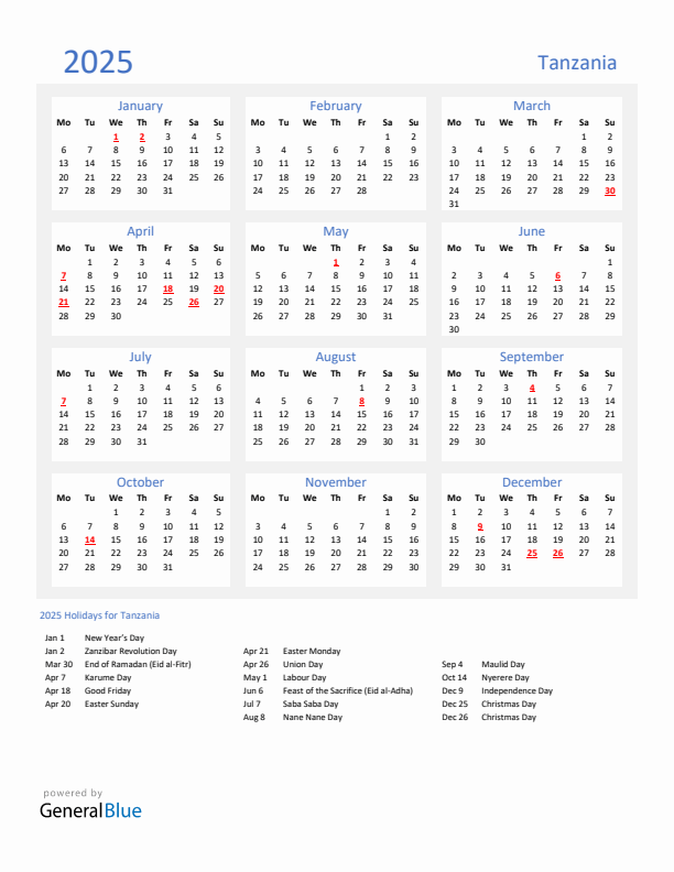 Basic Yearly Calendar with Holidays in Tanzania for 2025 