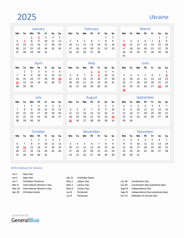 Basic Yearly Calendar with Holidays in Ukraine for 2025 