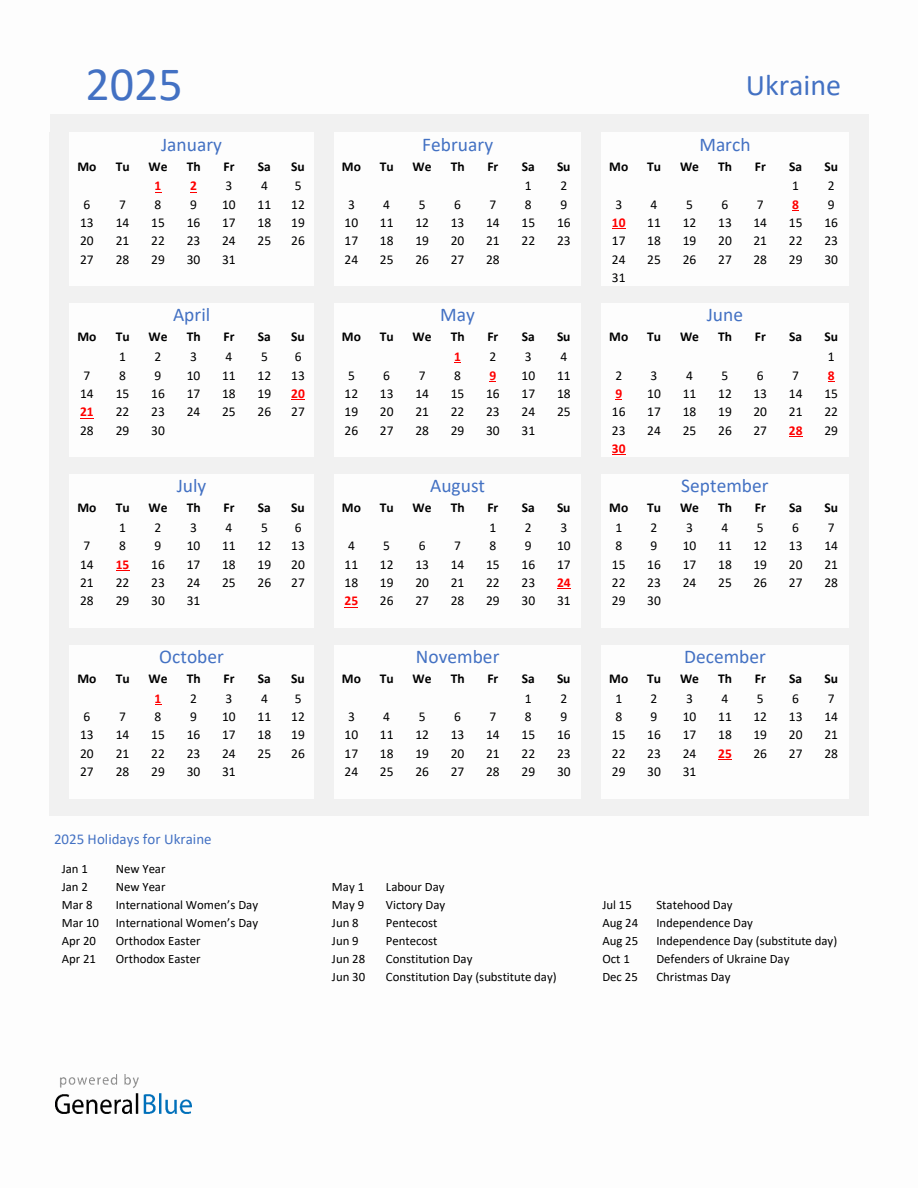 Basic Yearly Calendar with Holidays in Ukraine for 2025