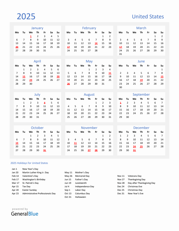 Basic Yearly Calendar with Holidays in United States for 2025 