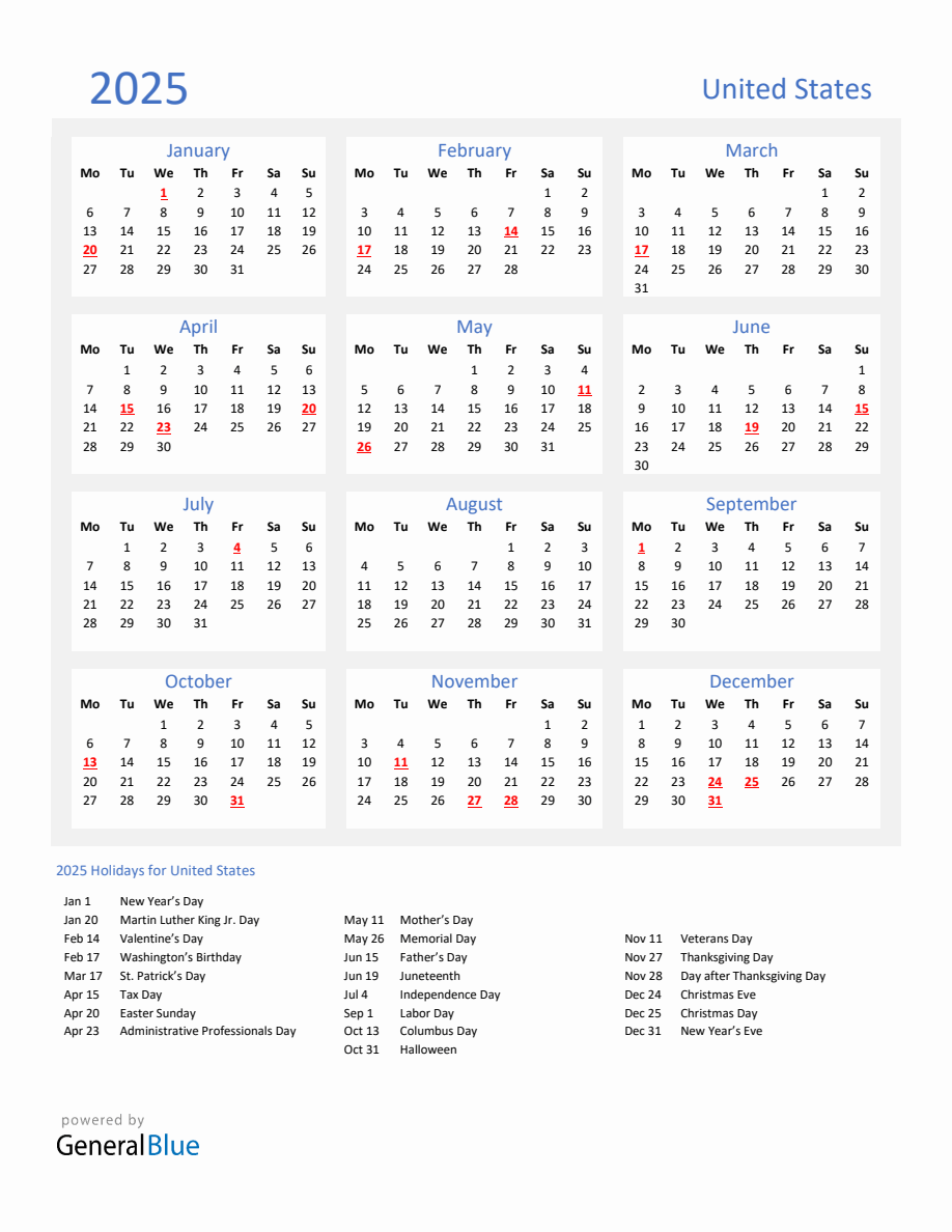 Basic Yearly Calendar with Holidays in United States for 2025