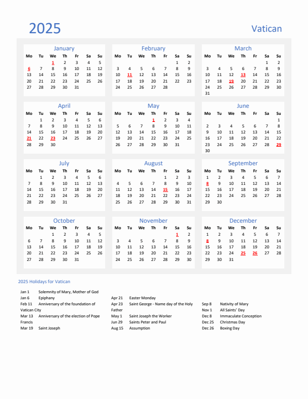 Basic Yearly Calendar with Holidays in Vatican for 2025 
