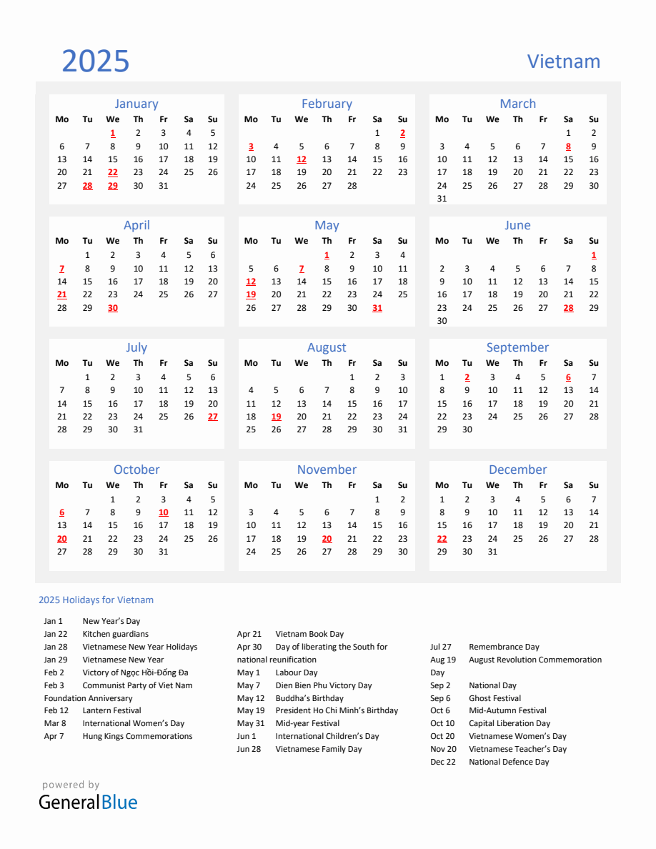 Basic Yearly Calendar with Holidays in Vietnam for 2025