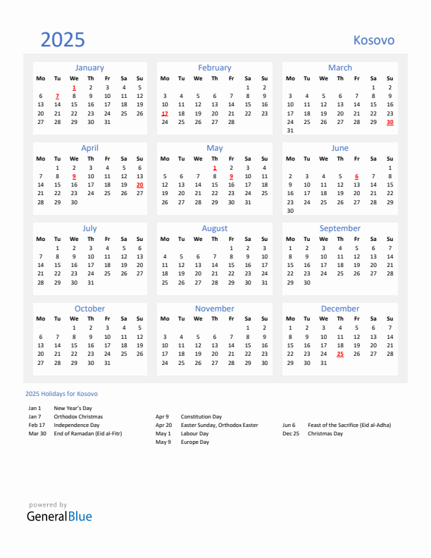 Basic Yearly Calendar with Holidays in Kosovo for 2025 
