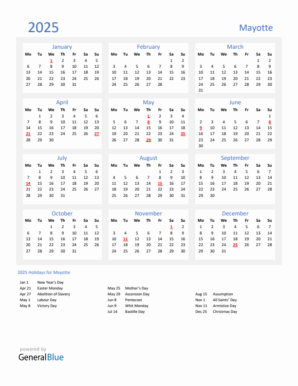 Basic Yearly Calendar with Holidays in Mayotte for 2025 