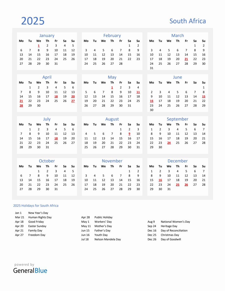 Basic Yearly Calendar with Holidays in South Africa for 2025