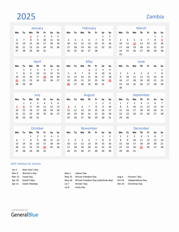Basic Yearly Calendar with Holidays in Zambia for 2025 