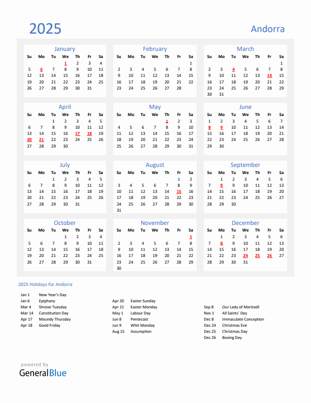 Basic Yearly Calendar with Holidays in Andorra for 2025 