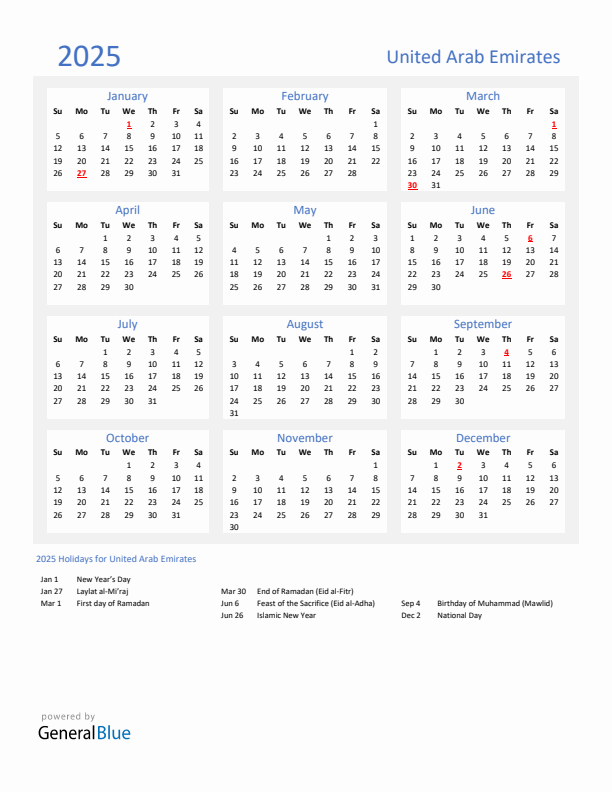 Basic Yearly Calendar with Holidays in United Arab Emirates for 2025 