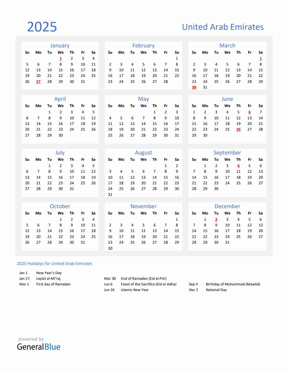 Basic Yearly Calendar with Holidays in United Arab Emirates for 2025