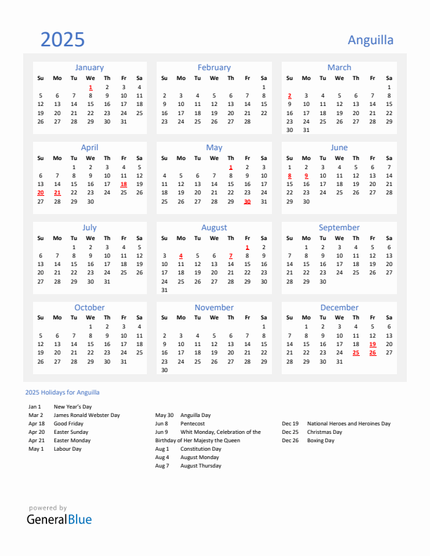 Basic Yearly Calendar with Holidays in Anguilla for 2025 