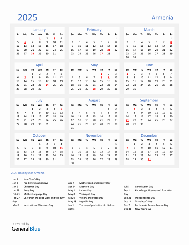 Basic Yearly Calendar with Holidays in Armenia for 2025 