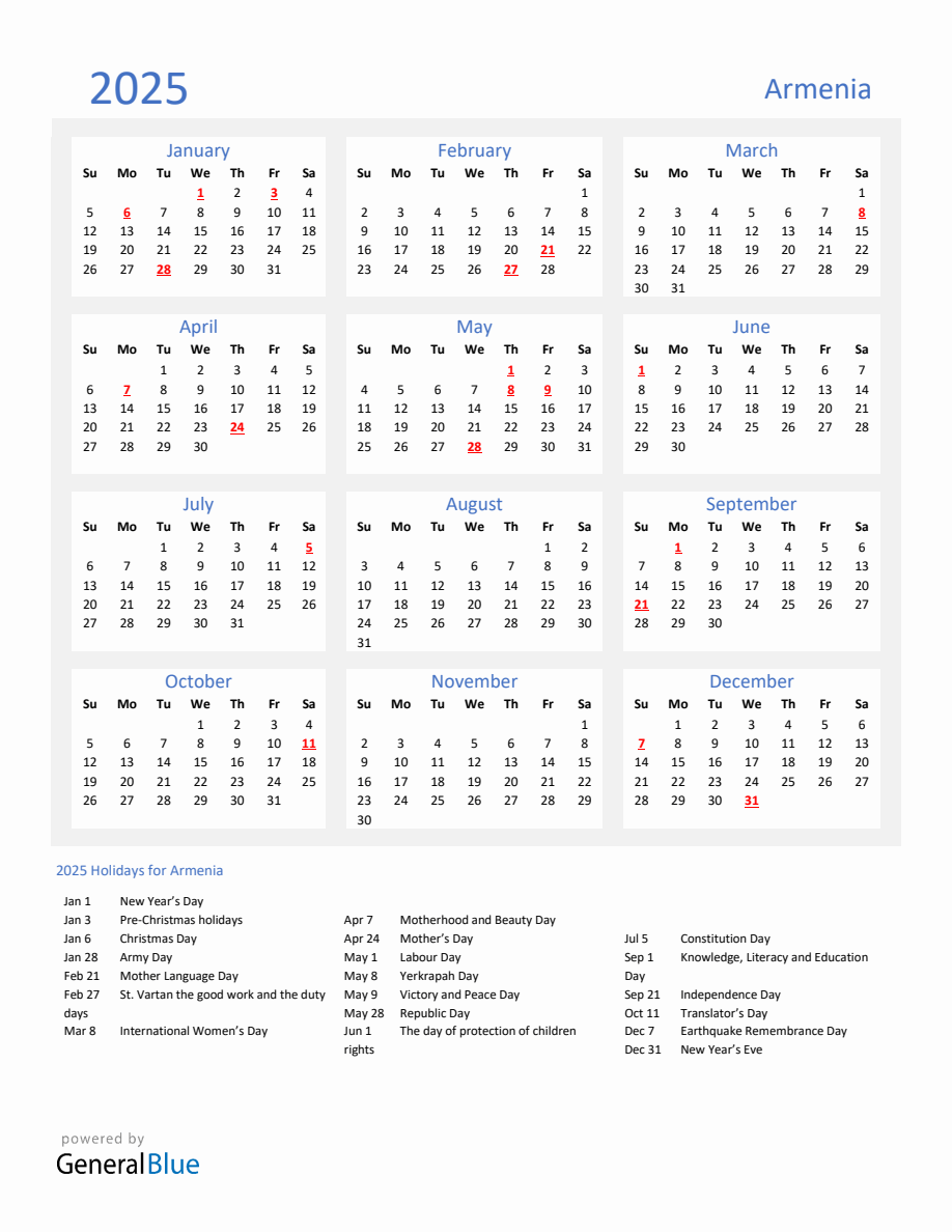 Basic Yearly Calendar with Holidays in Armenia for 2025