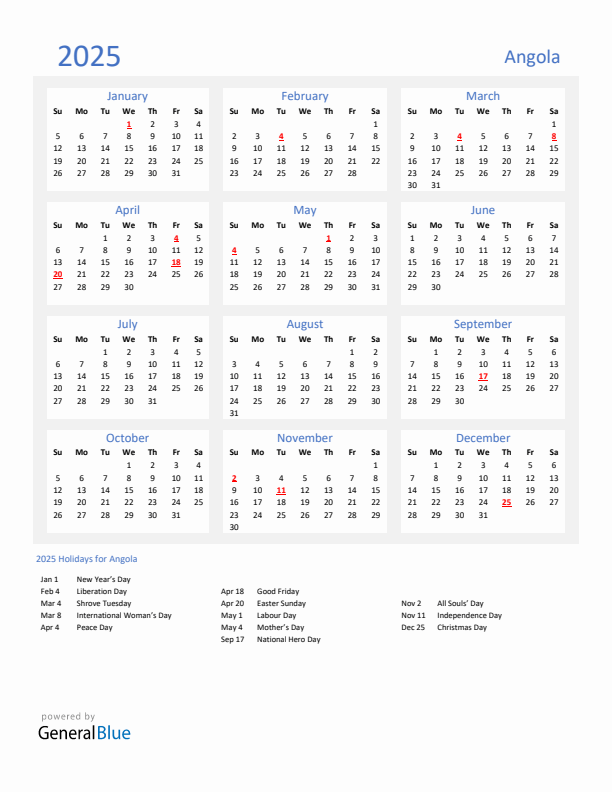 Basic Yearly Calendar with Holidays in Angola for 2025 