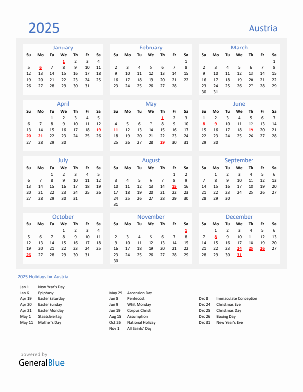 Basic Yearly Calendar with Holidays in Austria for 2025 
