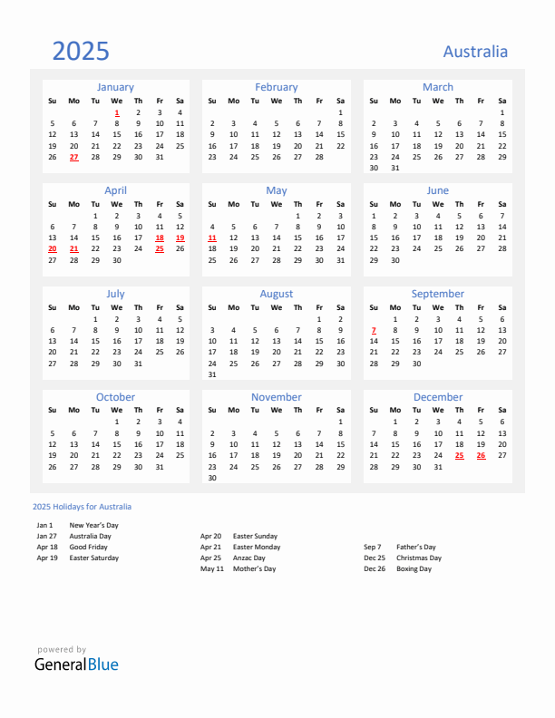 Basic Yearly Calendar with Holidays in Australia for 2025 
