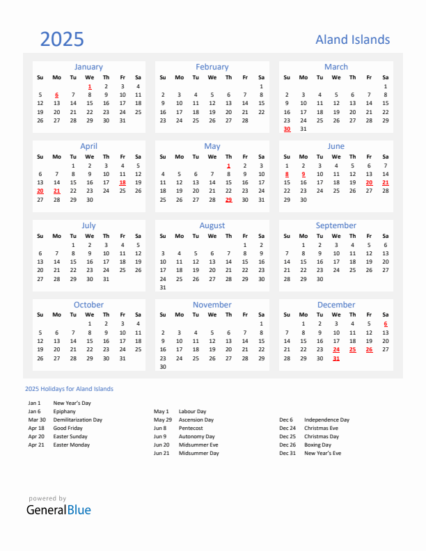 Basic Yearly Calendar with Holidays in Aland Islands for 2025 