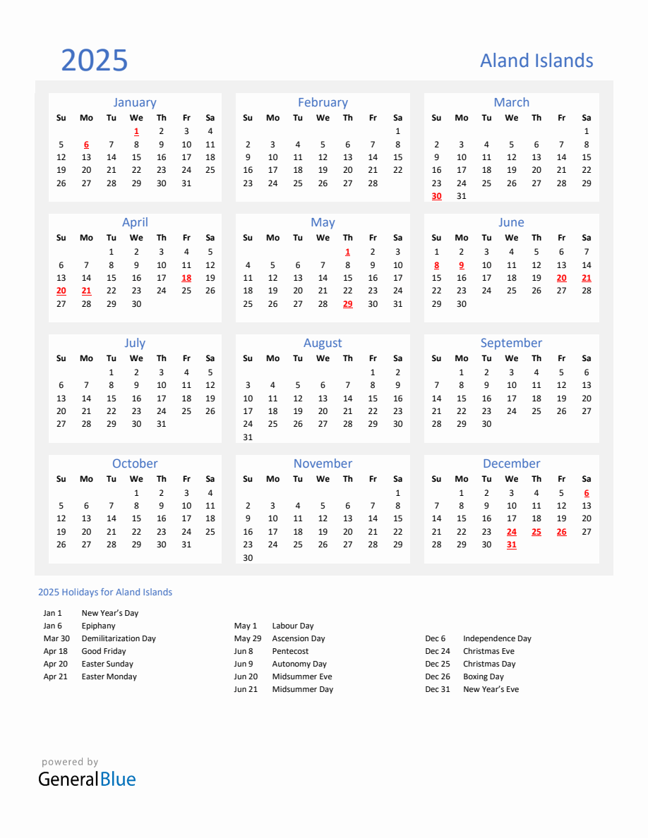 Basic Yearly Calendar with Holidays in Aland Islands for 2025