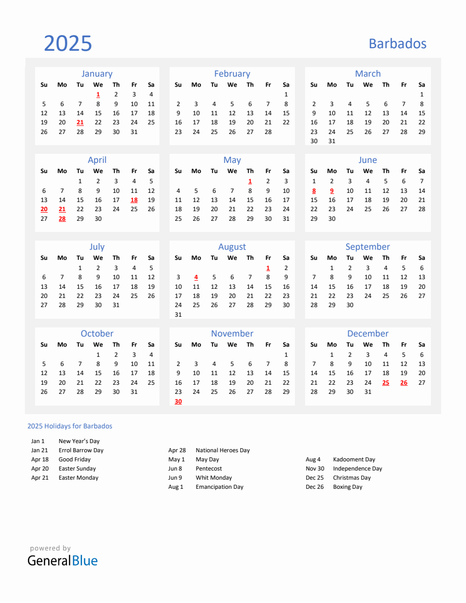 Basic Yearly Calendar with Holidays in Barbados for 2025