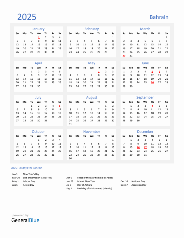 Basic Yearly Calendar with Holidays in Bahrain for 2025 