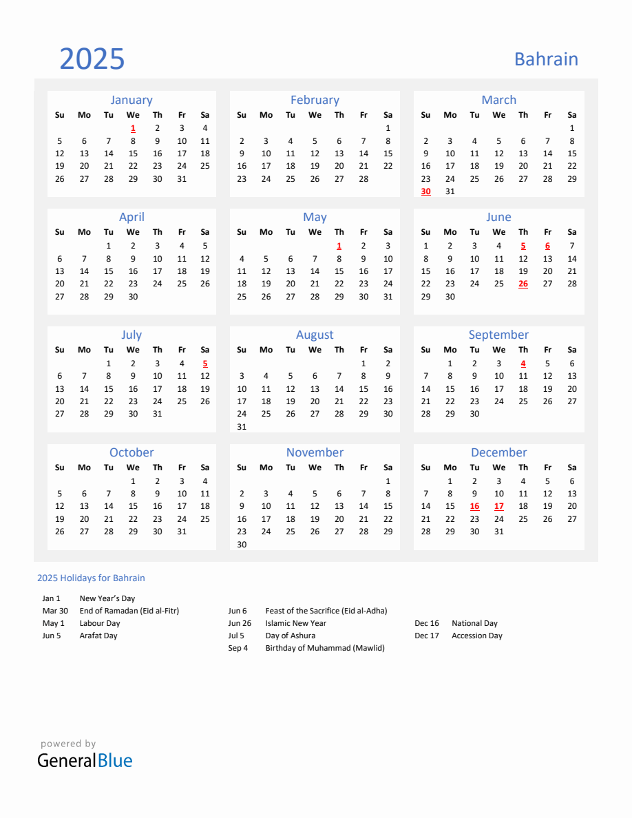 Basic Yearly Calendar with Holidays in Bahrain for 2025