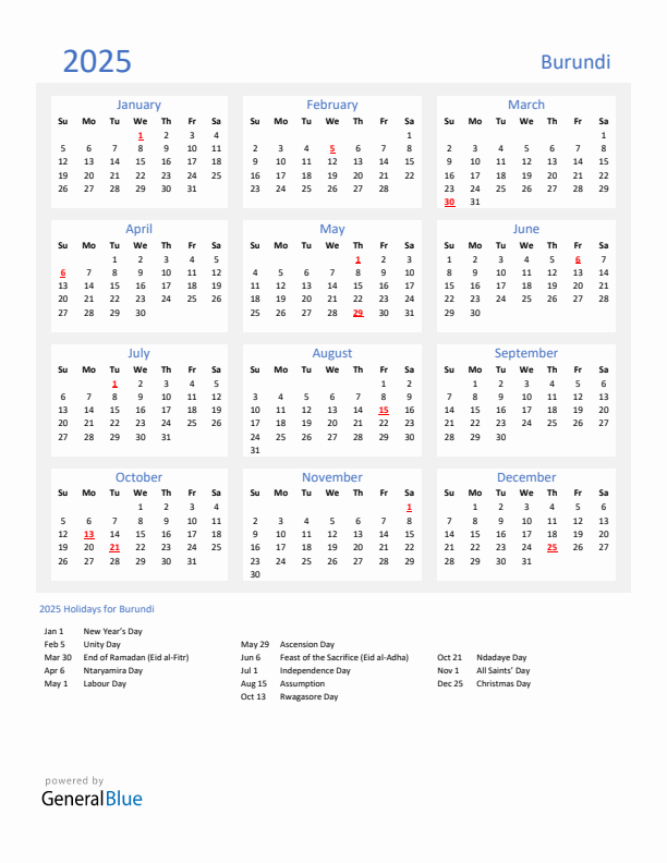 Basic Yearly Calendar with Holidays in Burundi for 2025 