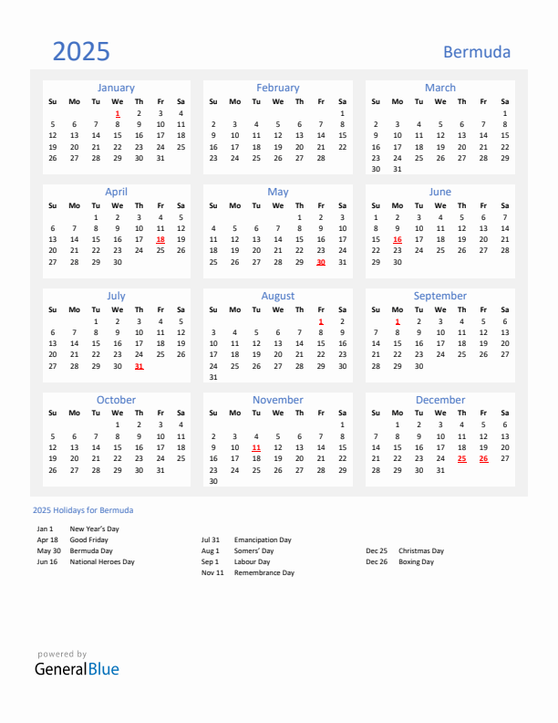 Basic Yearly Calendar with Holidays in Bermuda for 2025 
