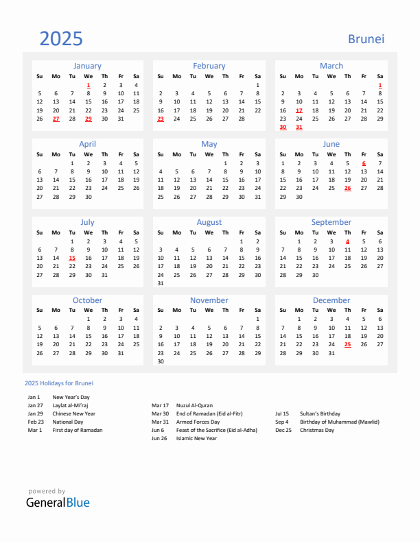Basic Yearly Calendar with Holidays in Brunei for 2025 