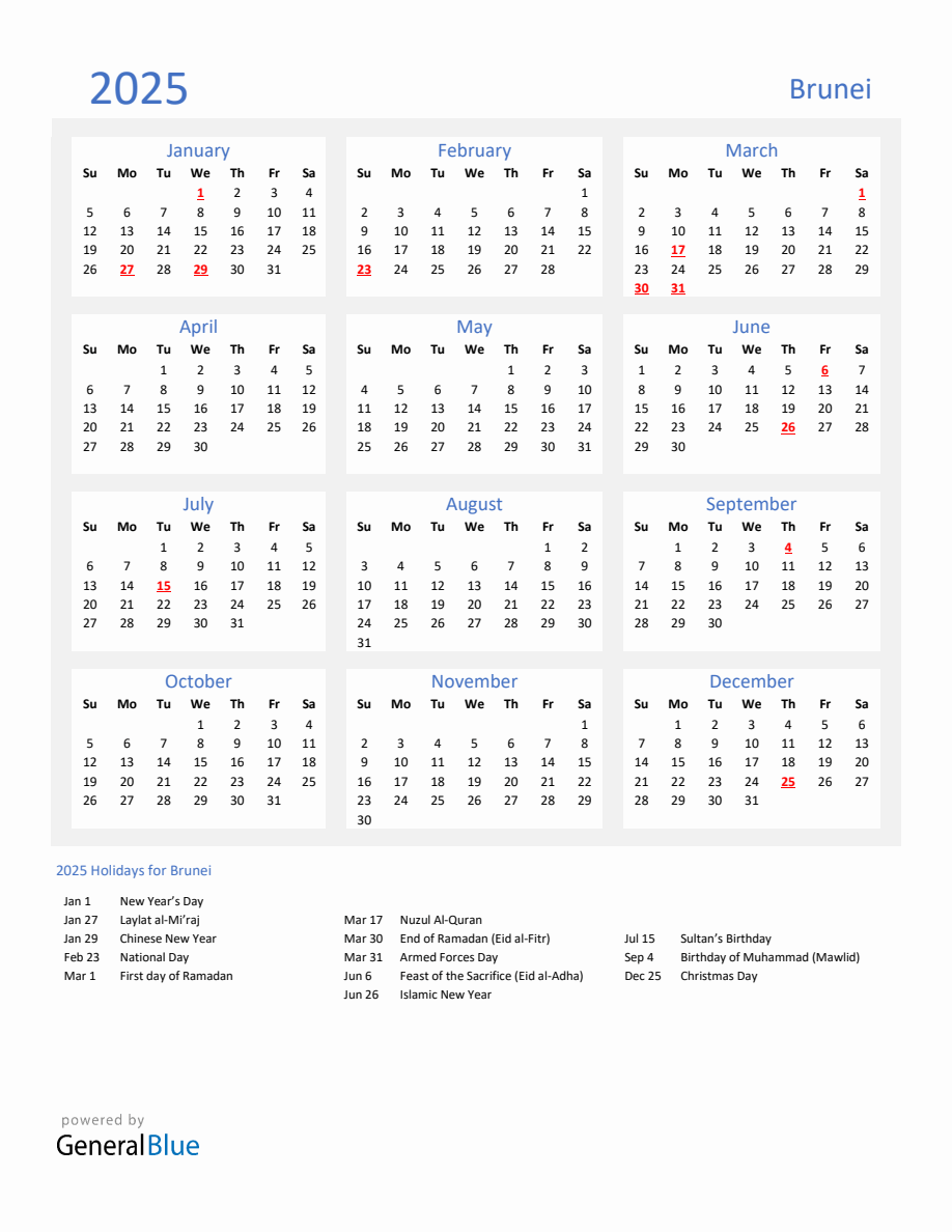 Basic Yearly Calendar with Holidays in Brunei for 2025