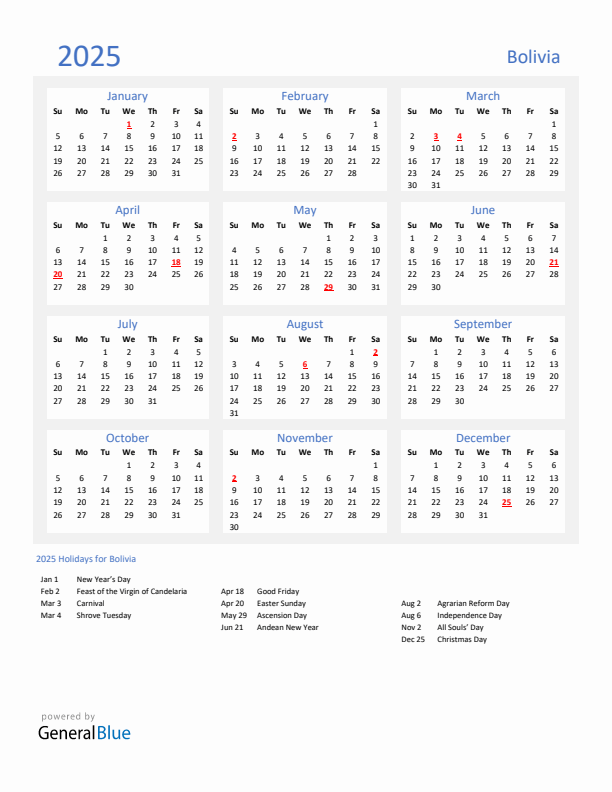 Basic Yearly Calendar with Holidays in Bolivia for 2025 