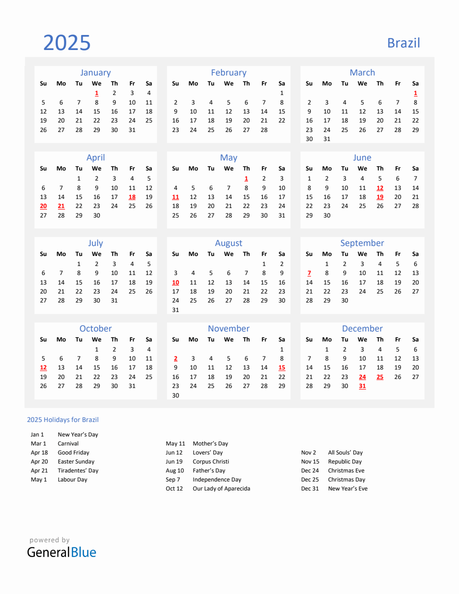 Basic Yearly Calendar with Holidays in Brazil for 2025