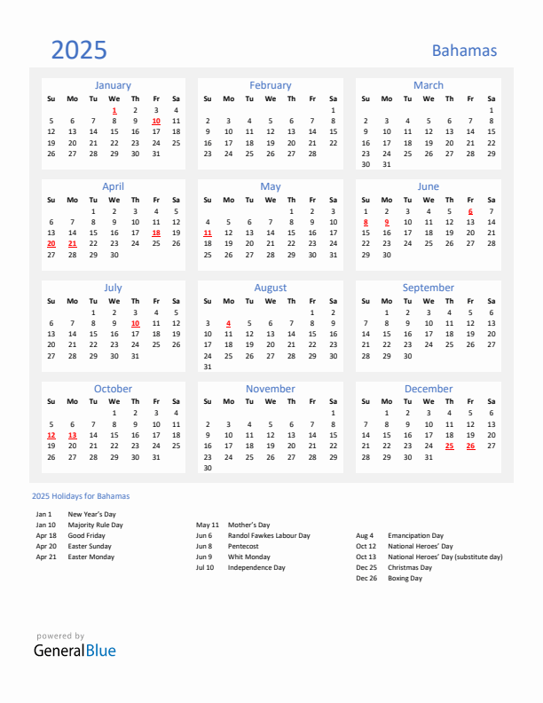 Basic Yearly Calendar with Holidays in Bahamas for 2025 