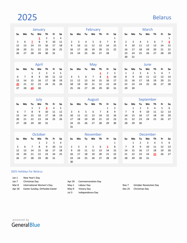 Basic Yearly Calendar with Holidays in Belarus for 2025 