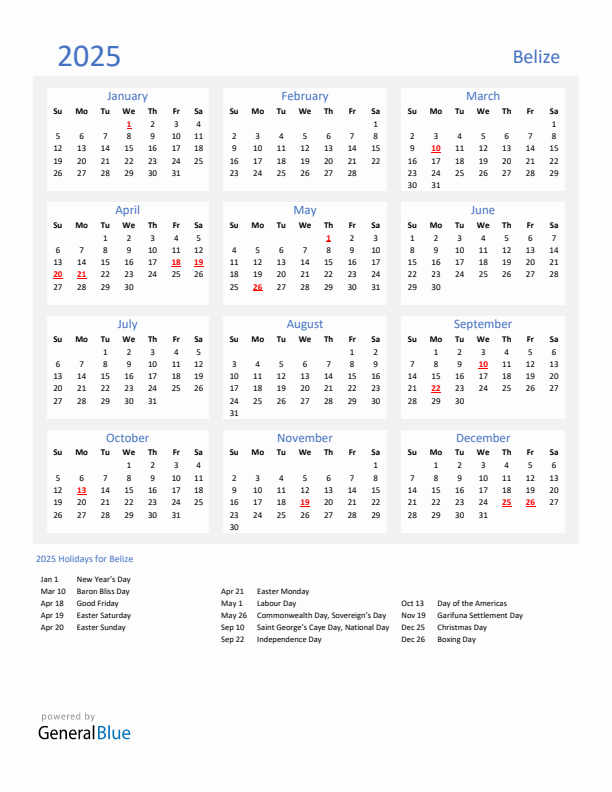 Basic Yearly Calendar with Holidays in Belize for 2025 