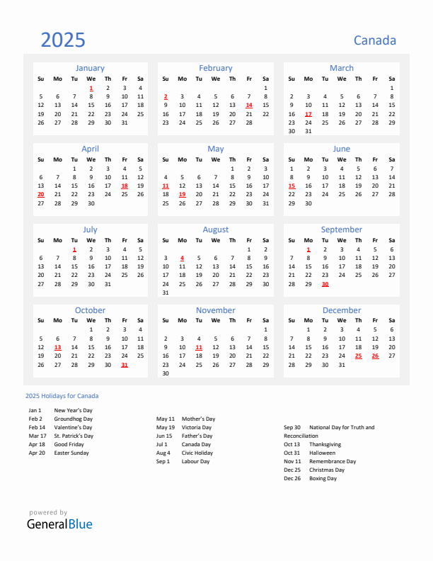Basic Yearly Calendar with Holidays in Canada for 2025 