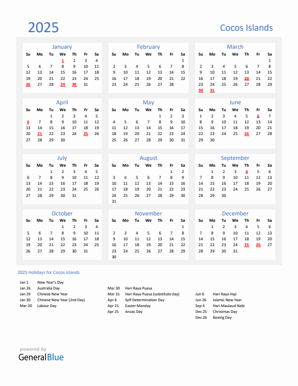 Basic Yearly Calendar with Holidays in Cocos Islands for 2025 