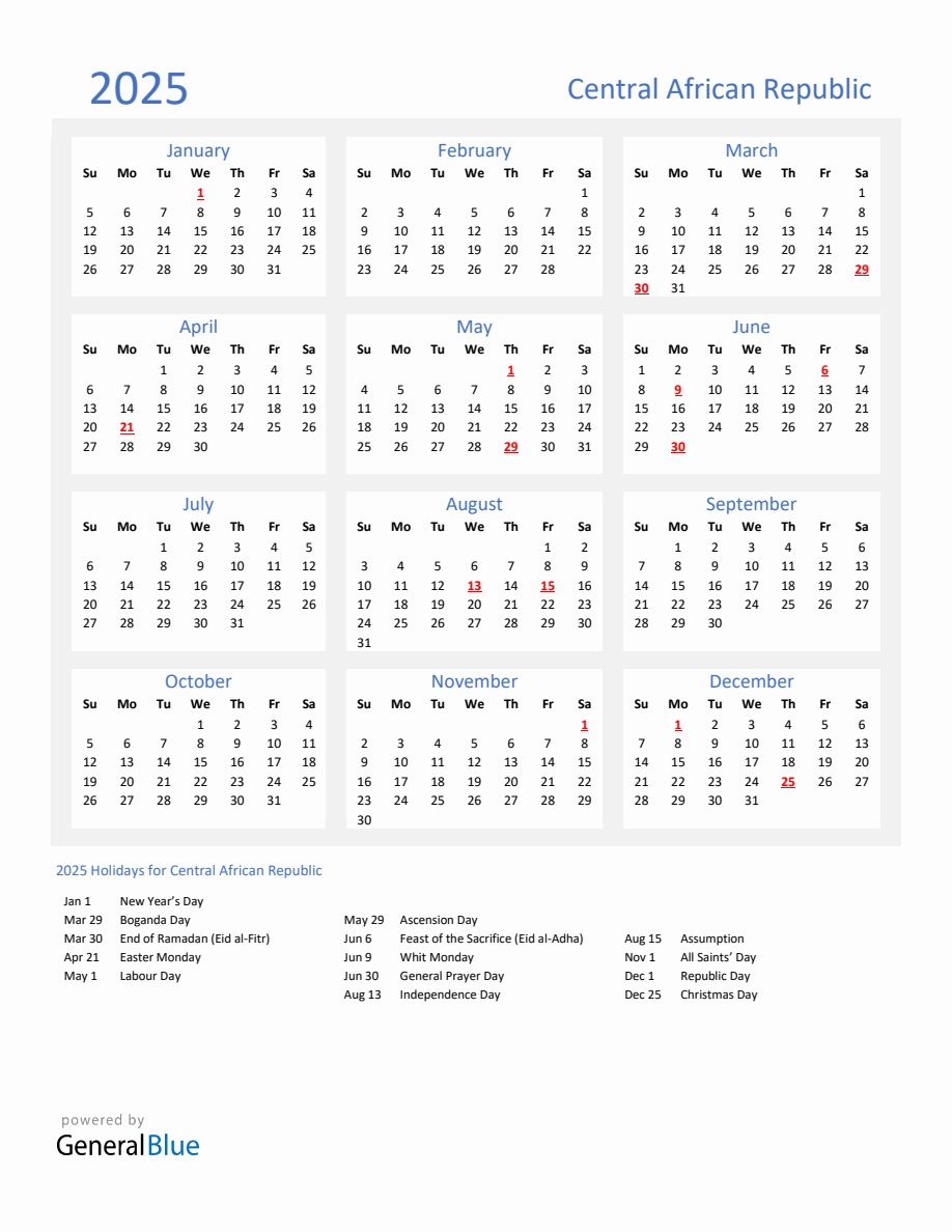 Basic Yearly Calendar with Holidays in Central African Republic for 2025