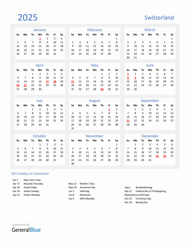 Basic Yearly Calendar with Holidays in Switzerland for 2025 