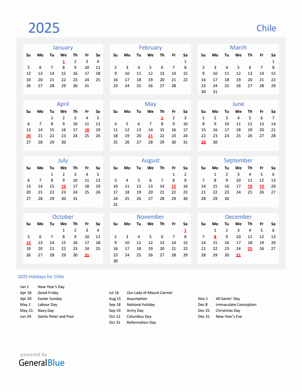 Basic Yearly Calendar with Holidays in Chile for 2025 