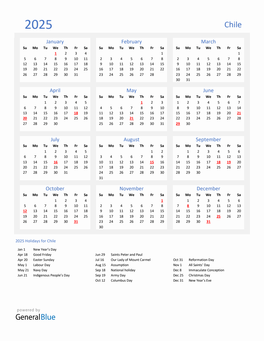 Basic Yearly Calendar with Holidays in Chile for 2025