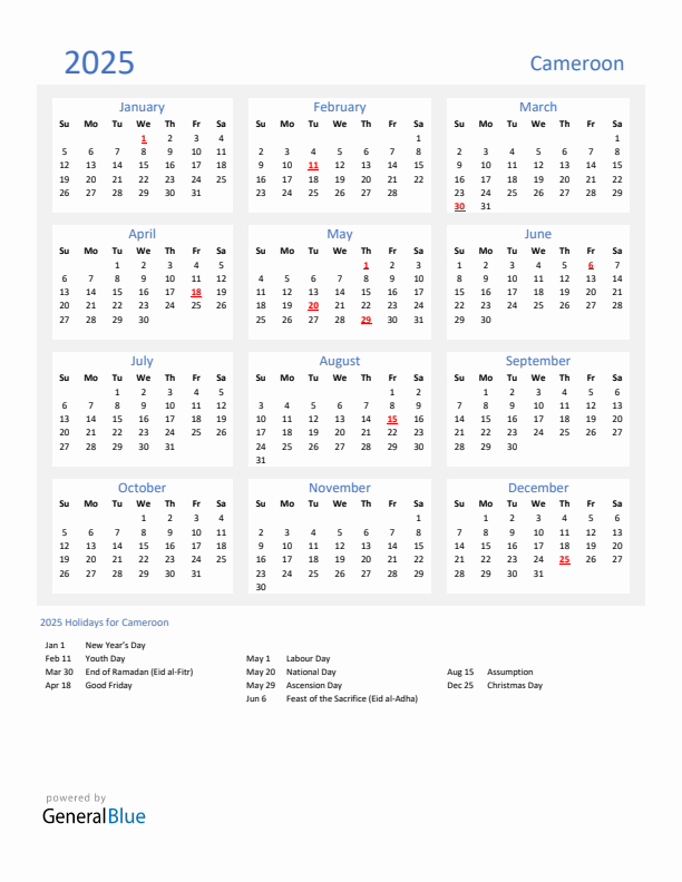 Basic Yearly Calendar with Holidays in Cameroon for 2025 