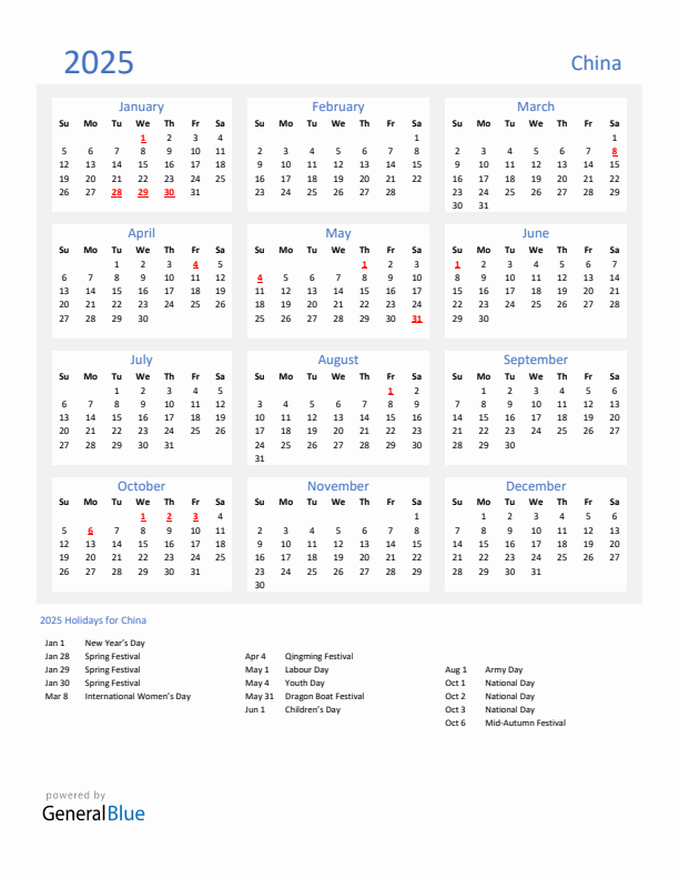 2025 China Calendar with Holidays