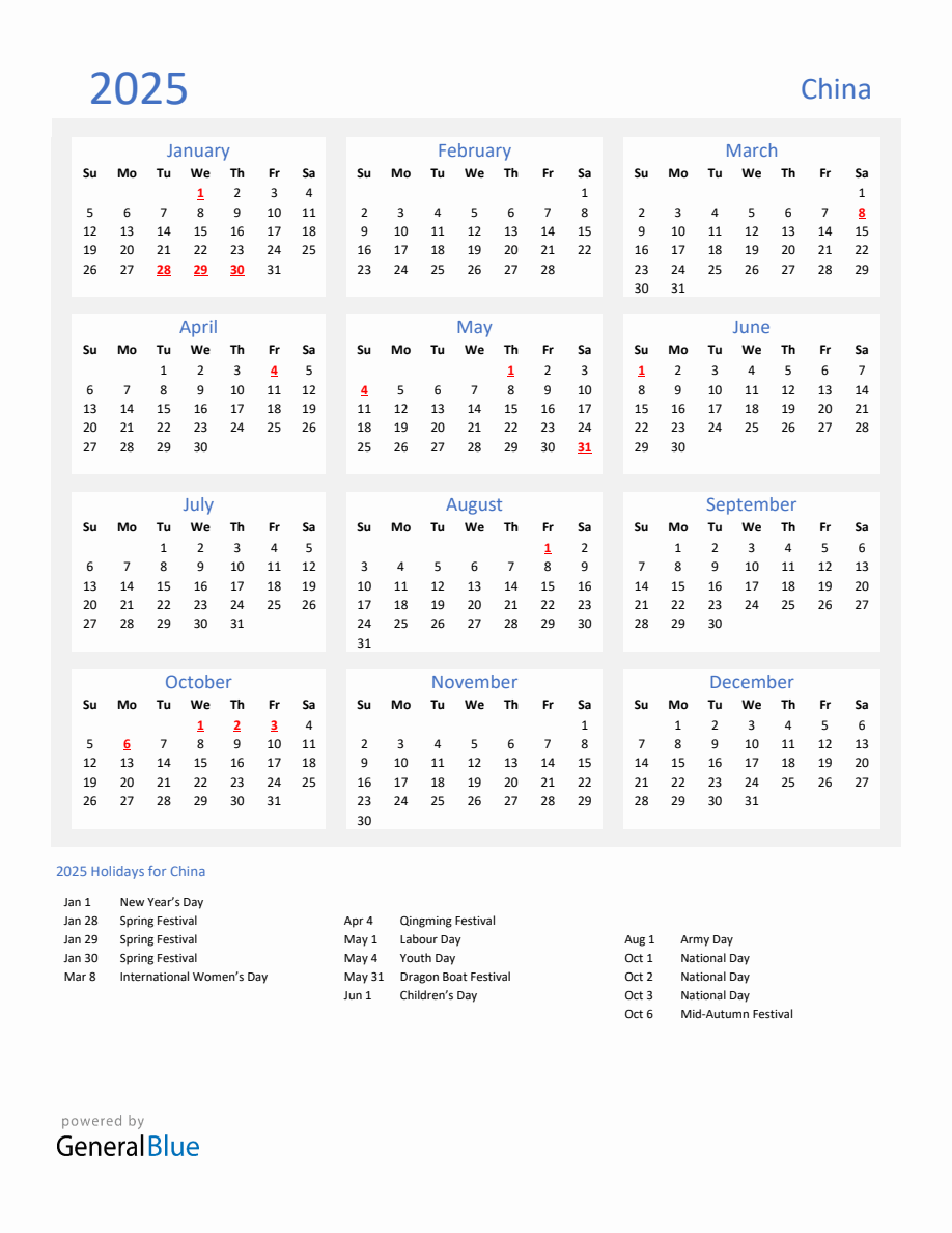 Basic Yearly Calendar with Holidays in China for 2025