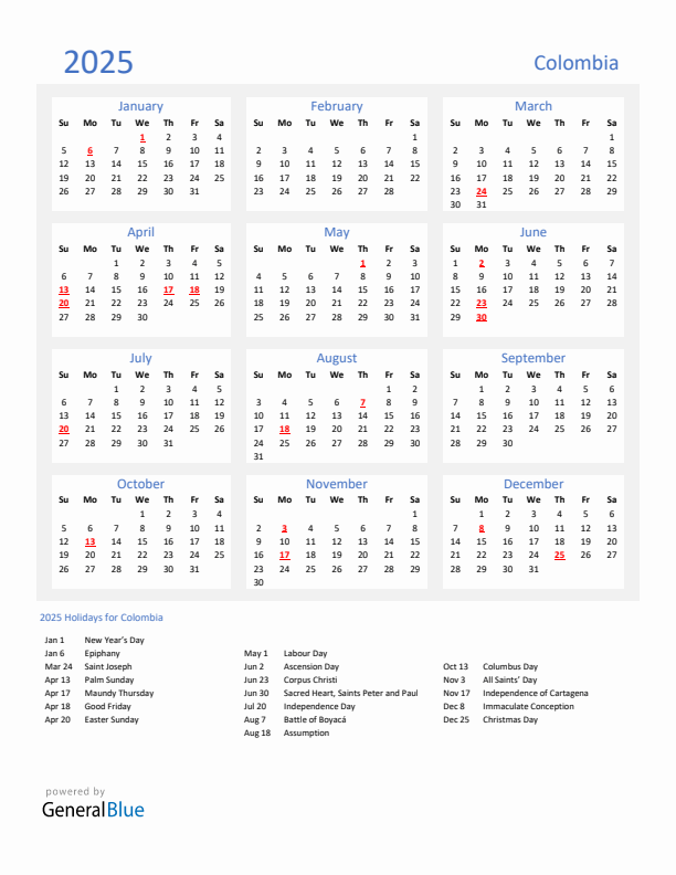Basic Yearly Calendar with Holidays in Colombia for 2025 
