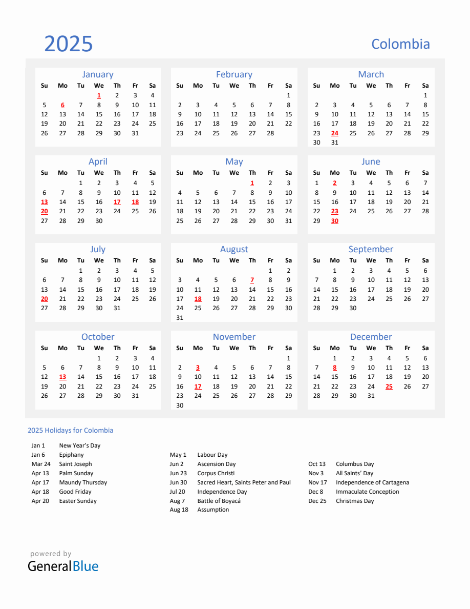 Basic Yearly Calendar with Holidays in Colombia for 2025